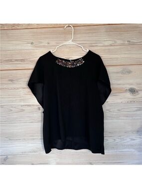Gerard Darel Black Short Sleeve Sequin Neck Back Zipper Blouse Size 44